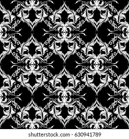 Isolated Damask seamless pattern. Floral black vector  background wallpaper illustration with vintage white flowers, swirl scroll leaves  and antique medieval  ornaments in Baroque Victorian style.