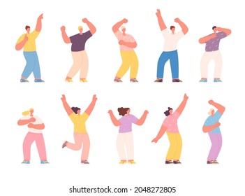 Isolated dancing people. Group friends, happy excited girl in dance. Smiles young teens celebration, disco party or music festival utter vector set