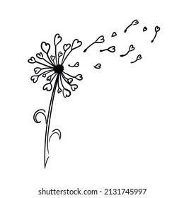Isolated dandelion with heart seeds. Valentines Day concept. Summer love card. Romantic black silhouette. Vector illustration