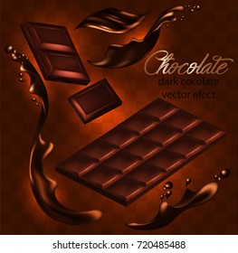 Isolated dark chocolate and dynamic chocolate liquid and pieces of chocolate, 3d realistic vector illustration.