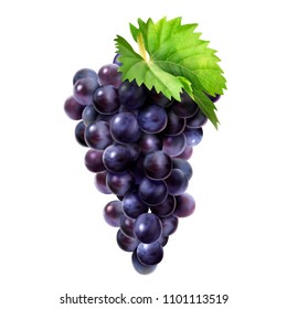 Isolated dark grape with green leaf in 3d illustration on white background