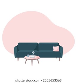 Isolated dark green sofa with table concept in flat style