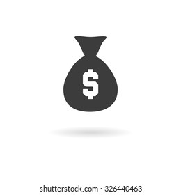 Isolated dark grey icon of bag of money with dollar sign on white background with shadow