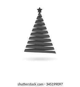 Isolated dark grey icon for Christmas tree made of ribbon on white background with shadow