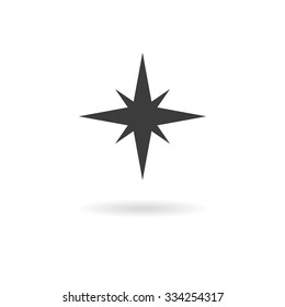 Isolated dark grey icon for compass (windrose) on white background with shadow