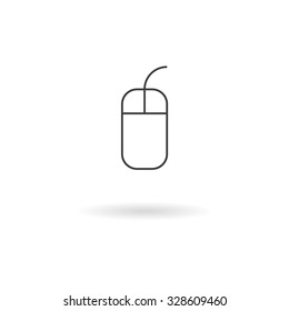 Isolated dark grey icon for mouse with short wire on white background with shadow