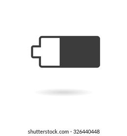 Isolated dark grey icon of two-third charged battery on white background with shadow