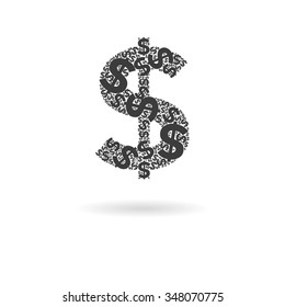 Isolated dark grey icon for typographical $ - dollar sign (money, currency) made of another $ on white background with shadow