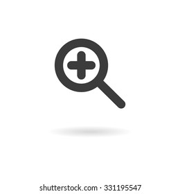 Isolated dark grey icon for zoom in (magnify) on white background with shadow