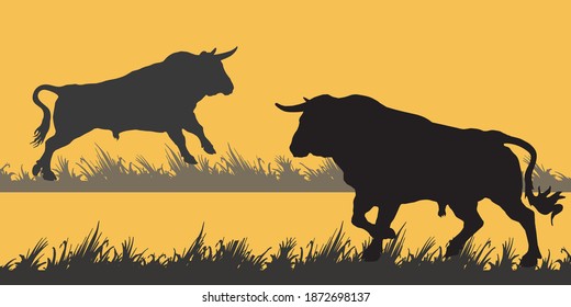 isolated dark silhouettes of two bulls running on grass.set  image for design and decoration