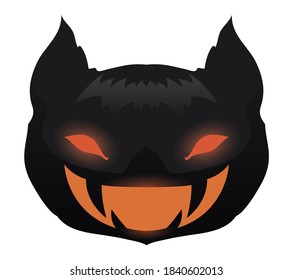 Isolated dark vampire bat head with glowing eyes, spooky smile and big fangs.