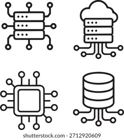 Ícones isolados do sistema do circuito do data center, sistema do circuito do data center, linhas de chip inteligentes, conexões digitais, caminhos técnicos mínimos, circuitos pretos sólidos, vetor editável
