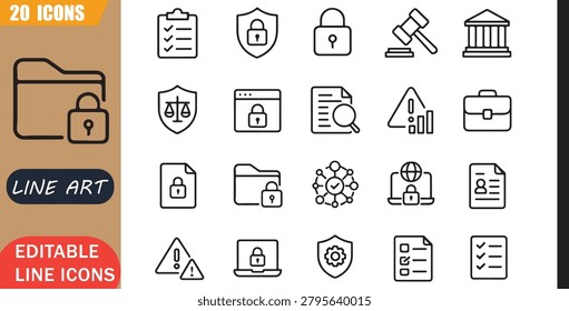 Isolated data privacy icons set, 20 editable line art icons set, compliance dataprivacy security, regulation governance legal, protection audit riskmanagement, business theme style, clean outline vector