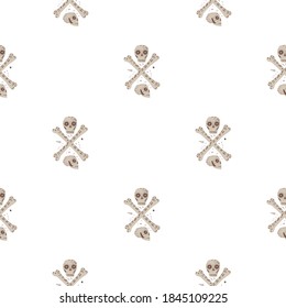 Patrón aislado de muerte sin fisuras con cráneos y huesos. Ornamento de terror beige sobre fondo blanco. Ilustración vectorial para impresiones textiles estacionales, tela, carteles, telas de fondo y papel pintado.