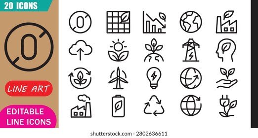 Isolated decarbonization icons set, 20 editable line art icons set, net zero, decarbonization climate, emissions sustainability, green energy transition theme style, clean outline vector