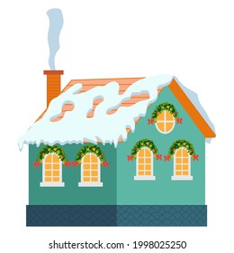 isolated decorated buildings for new year and christmas. Building with fir tree at yard, construction facade with lanterns for xmas. Holiday and celebration,winter architecture