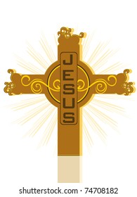 isolated decorated cross on yellow rays background, illustration