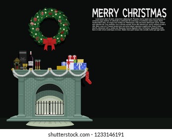 Isolated decorated fireplace in the Christmas night