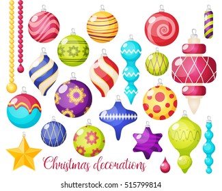 Isolated decorations set with different holiday christmas ornaments for new year tree on blank background vector illustration