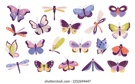 Mariposas decorativas aisladas, mariposa y polilla. insecto floral, mosca de dragón exótica. Insectos voladores de primavera, colección vectorial de animales de jardín de caricatura de verano