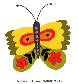 Isolated decorative butterfly, moth. Floral insect, exotic butterfly. Spring fly insect.