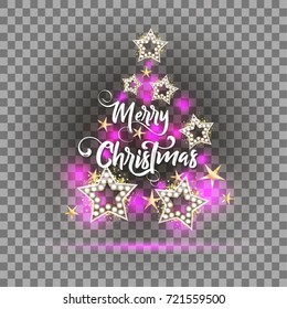 Isolated decorative Christmas tree with pink lights and lettering.