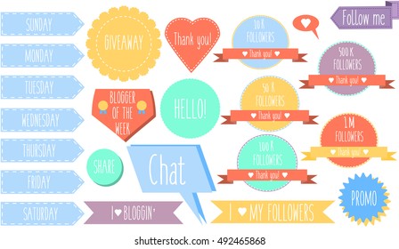 Isolated decorative design elements, stickers, banners and labels for social media and blog. Vector collection for bloggers, social networks, mobile applications