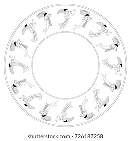 Isolated decorative element with figures of winged ancient Greek gods Hebe and Eros. Delicate linear design. Round frame, background, element for design.