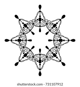 Isolated decorative round element. Eight-pointed star, snowflake. Black vector silhouette.
