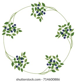 Isolated decorative round floral frame or vignette with blueberries. Abstract wildlife summer motif. Element for design, border, placeholder.