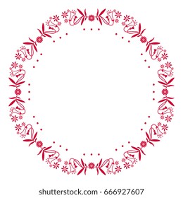 Isolated decorative round vignette frame with delicate floral wreath and dots. Red on white background.