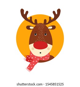 Isolated deer cute smile character. Cartoon scandinavian christmas symbol. Vector Illustration. Emoji. Face With Open Mouth
