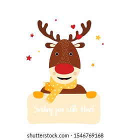 Isolated deer cute smile character. Cartoon christmas symbol with table for text in scandinavian style. Vector Illustration. Emoji. Smiling Face With Heart