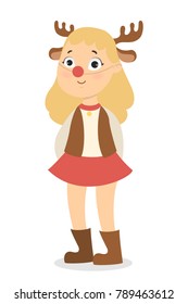 Isolated deer girl in costume with horns on white.
