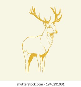 Isolated deer illustration. Line Art style with yellow background.