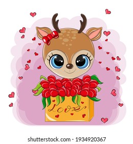 An isolated deer sits in a gift box with the inscription love. The funny animal smiles sweetly and has big blue eyes. The gift box contains many beautiful flowers