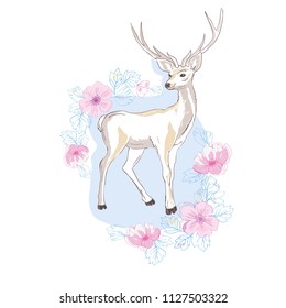 isolated deer, vector, illustration , big antlers, flowers on the horns