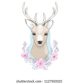 isolated deer, vector, illustration , big antlers, flowers on the horns