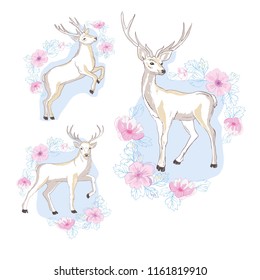 isolated deer, vector, illustration , big antlers flowers on the horns