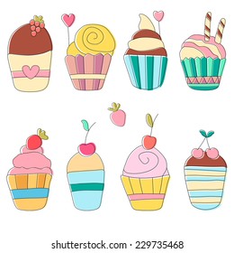 Isolated delicious yummy vector cupcakes. Vector doodle illustration. Hand drawn isolated design elements. Perfect for greeting cards, backgrounds. 