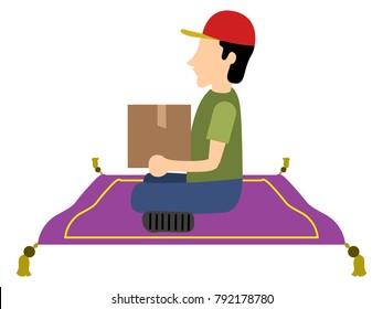 Isolated delivery boy on a magic carpet, Vector illustration