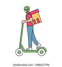 Niño de reparto aislado con un paquete en una ilustración de scooter Vector