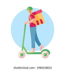 Isolated delivery boy with a package on a scooter Vector illustration