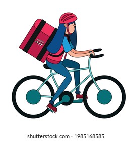 Isolated delivery girl with a package on a bicycle Vector illustration