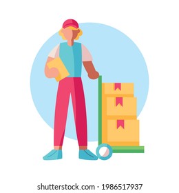 Un tipo de entrega aislado con un vehículo de paquete Ilustración Vector