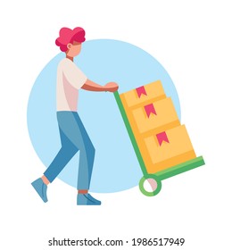 Einziger Lieferant mit einem Verpackungswagen, Vektorgrafik