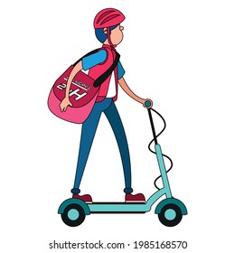 Isolated delivery guy with a package on a scooter Vector illustration