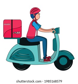 Isolated delivery guy with a package on a motorcycle Vector illustration