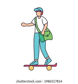 Isolated delivery guy with a package on a skateboard Vector illustration