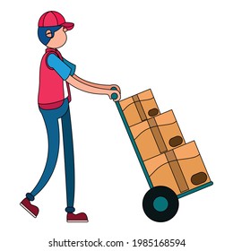 Isolated delivery guy with packages on a cart Vector